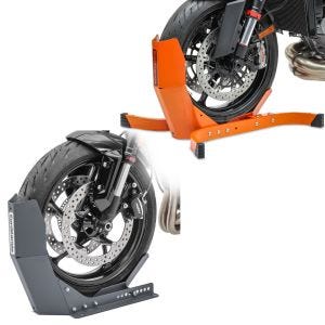 Set: Motorradwippe ConStands Easy-Plus Motorradständer bis 21 Zoll orange + Transportständer ConStands Easy-Fix Motorradwippe bis 21 Zoll grau