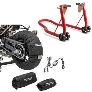 Set: Motorrad Reifenwärmer Set Snaefell ConStands 30-99°C Digital passend für Vorderrad und Hinterrad schwarz + Montageständer Vorderrad ConStands Classic-V Motorradständer mit V-Aufnahmen rot