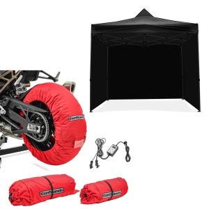 Set: Motorrad Reifenwärmer Set Snaefell ConStands 30-99°C Digital für Vorderrad und Hinterrad rot + Rennzelt mit 4 Seitenwänden 3x3m Tourtecs faltbar für die Rennstrecke schwarz