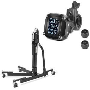 Set: Zentralständer ohne Adapterplatte schwarz Motorradheber ConStands Power-Evo + Reifendruckkontrollsystem RDKS mit Temperaturmesser Tourtecs Reifendruckprüfer digital