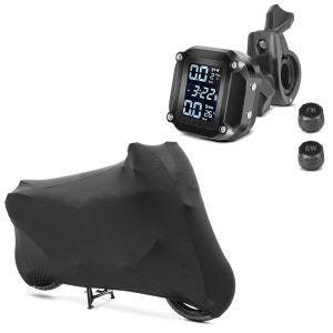 Set: RDKS Système de surveillance de la pression des pneus avec indicateur de température Tourtecs + Housse moto Craftride XL-XXL Indoor Stretch garage en noir