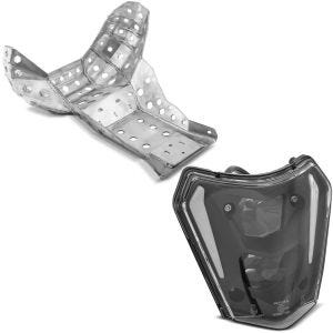 Set: Sabot protection moteur compatible avec KTM EXC 300 250 14-16 Aluminium protege pot avec Phare LED DRL SW1