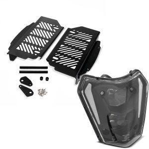 Set: Kühlerschutz passend für KTM EXC / EXC-F / SX / SX-F 17-21 sw mit LED Scheinwerfer E-Prüfzeichen DRL Xdure SW1