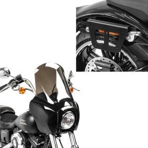 Set: Satteltaschenhalter passend für Harley Davidson Dyna 91-17 Kofferträger abnehmbar Craftride QL rechts + Frontverkleidung passend für Harley Davidson Dyna Low Rider / Street Bob Craftride MG5 mit Scheibe schwarz-rauchgrau
