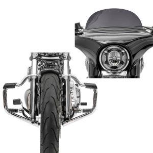 Set: Pare cylindre Mustache compatible avec Harley Davidson Softail 18-24 Pare Moteur 32mm chrome Craftride + Pare-brise compatible avec Harley Davidson Sport Glide 18-24 Craftride M saute vent fumé foncé