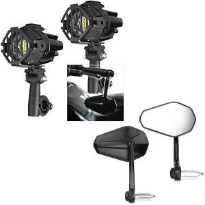 Set: LED Zusatzscheinwerfer S22X Lumitecs mit Motorrad Lenkerendenspiegel mit ECE SP6