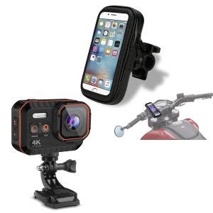 Set: Motorrad Smartphonehalter SH10 bis 6,3" Zoll passend für Lenker mit wasserdichte Action Cam 4K Video und 16 Megapixel
