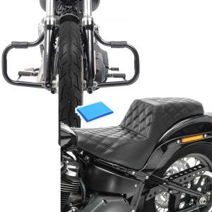 Set: Sturzbügel passend für Harley Davidson Dyna 06-17 Craftride Mustache schwarz + Doppel Sitzbank Gel passend für Harley Davidson Dyna Fat Bob 08-17 Duo Sitz Craftride SP6 schwarz