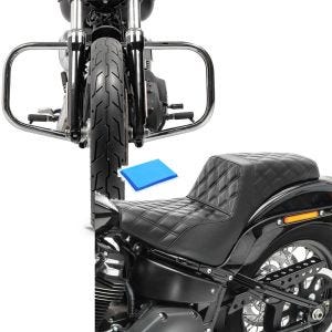 Set: Pare Carter compatible avec Harley Davidson Dyna 06-17 Craftride DN1 chrome + Selle Biplace Gel compatible avec Harley Davidson Dyna Fat Bob 08-17 Craftride SP6B
