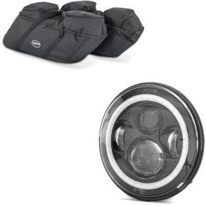Set: Koffer Innentaschen passend für Harley Davidson Touring 94-24 für Seitenkoffer Craftride SP4 + LED Scheinwerfer 7" passend für Harley Davidson Hauptscheinwerfer mit E-Prüfzeichen DRL FS7 schwarz