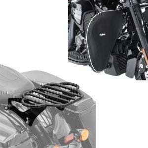 Set: Sturzbügel Spritzschutz passend für Harley Davidson Touring 80-24 + Gepäckträger KI abnehmbar