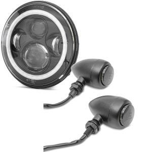 Set: LED Scheinwerfer 7" + LED Blinker BL15 passend für Chopper vorne-hinten