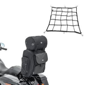 Set: Sissybar Tasche SXL Hecktasche mit Gepäckrolle + Gepäcknetz Spannweite