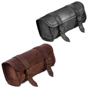 Set: Sacoche à outils ronde cuir pour Moto Custom Retro Scrambler marron + Sacoche à outils ronde cuir LR3