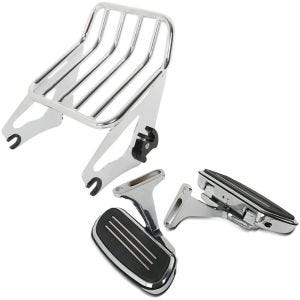 Set: Gepäckträger W1 Abnehmbar passend für Harley Davidson Touring 09-24 + Sozius Trittbretter CF2 + Halter chrom