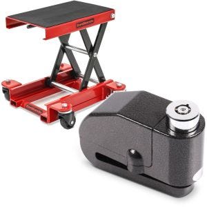 Set: Pont élévateur moto chariot HR1 Cric de déplacement 500kg rouge + Antivol bloque disque Alarme 120dB