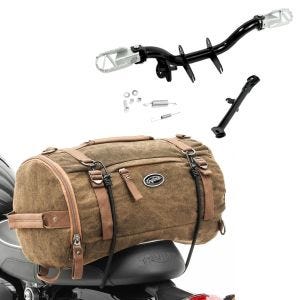 Set: Support de repose-pieds avec béquille latérale compatible avec Simson S51 Craftride avec Sacoche de selle 25L marron