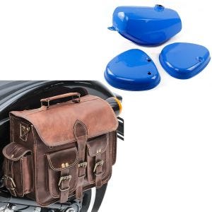 Set: Réservoir d'essence compatible avec Simson S70 avec couvercle latéral bleu avec Sacoche de selle SV3 6Ltr marron