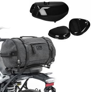Set: Réservoir d'essence compatible avec Simson S51 avec couvercle latéral Craftride noir avec Sacoche arrière Vintage 25L gris