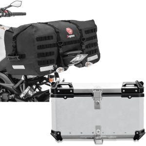 Set: Moto Sacoche de Selle arrière SX70 70Ltr etanche noir Bagtecs avec Top case Alu XB65 argent 65 Litres