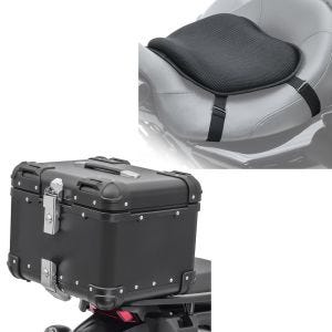 Set: Motorrad Gel Sitzkissen L Komfortkissen univ. sw Tourtecs mit Alu Top Case XS45 Alu univ. 45 Liter sw