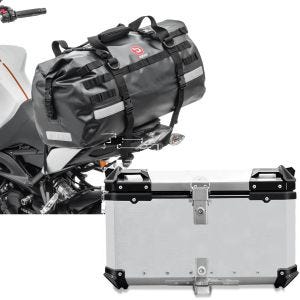 Set: Sacoche de selle Moto arrière XB50 50l Bagtecs avec Top case Alu XB65 argent 65 Litres