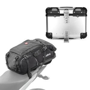 Set: Motorrad Rucksack HX5 wasserdicht 45Ltr mit Helmhalterung Bagtecs mit Alu Top Case XS45 Alu univ. 45 Liter silber