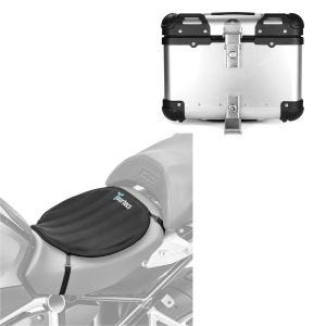 Set: Motorrad Gel Sitzkissen Neopren L sw Tourtecs mit Alu Top Case XS45 Alu univ. 45 Liter silber