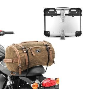 Set: Sacoche de selle Moto arrière Vintage 25L marron Craftride avec Top case Alu XS45 argent 45 Litres