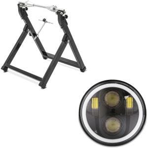 Set: Équilibreuse pneu moto ConStands WU-2 équilibreuse de roues en noir + Phare LED 5,75" compatible avec Harley Davidson M18 Feux avant Noir