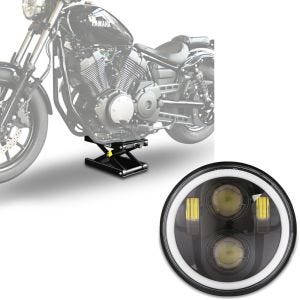 Set: Moto Pont elevateur ciseaux ConStands Mid-lift M noir pour Chopper 500kg en noir + Phare LED 5,75" compatible avec Harley Davidson M18 Feux avant Noir