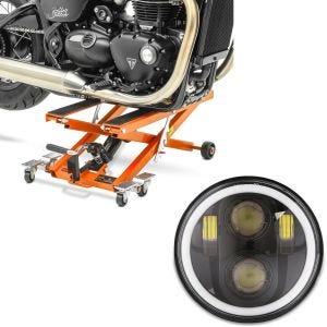 Set: Moto Pont elevateur ciseaux ConStands Mid-lift XL Cric hydraulique 500kg en orange + Phare LED 5,75" compatible avec Harley Davidson M18 Feux avant Noir