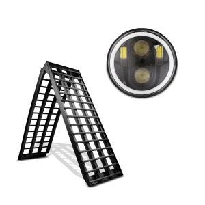Set: Alu Auffahrrampe Constands V schwarz, bis 680 kg, klappbar, für Motorrad, Scooter, Quad, ATV + LED Scheinwerfer 5,75 Zoll passend für Harley Davidson Hauptscheinwerfer schwarz Craftride M18