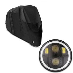 Set: Motorrad Abdeckplane Craftride XL Abdeckhaube in schwarz + LED Scheinwerfer 5,75 Zoll passend für Harley Davidson Hauptscheinwerfer schwarz Craftride M18