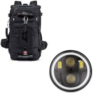 Set: Motorrad Rucksack Bagtecs HK4 Hecktasche 45Ltr in schwarz + LED Scheinwerfer 5,75 Zoll passend für Harley Davidson Hauptscheinwerfer schwarz Craftride M18
