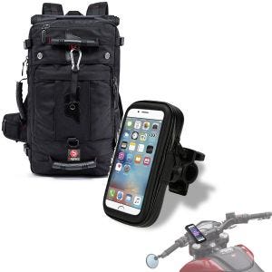 Set: Motorrad Rucksack HK4 45Ltr sw Bagtecs mit Smartphonehalter SH10 bis 6,3" Zoll mit Halterung passend für Lenker