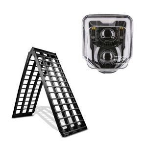 Set: Alu Auffahrrampe V sw, bis 680 kg, klappbar, passend für Motorrad, ATV mit LED Scheinwerfer Husqvarna mit ECE GP1