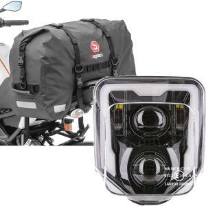 Set: Sacoche de selle Moto arrière SX45 Etanche Volume 45L avec Phare à LED compatible avec Husqvarna Phare principal avec ECE GP1