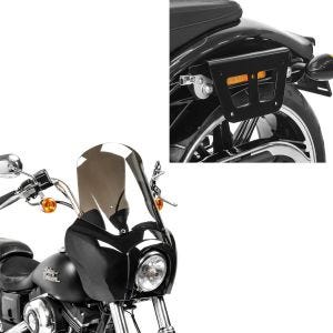 Set: Satteltaschenhalter passend für Harley Davidson Dyna 91-17 Kofferträger abnehmbar Craftride QL links + Frontverkleidung passend für Harley Davidson Dyna Low Rider / Street Bob Craftride MG5 mit Scheibe schwarz-rauchgrau