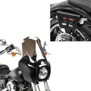 Set: Satteltaschenhalter passend für Harley Davidson Dyna 91-17 Kofferträger abnehmbar Craftride QL rechts + Frontverkleidung passend für Harley Davidson Dyna Low Rider / Street Bob Craftride MG5 mit Scheibe schwarz-rauchgrau