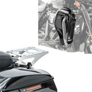 Set: Beinschild passend für Harley Davidson Touring Modelle 14-24 Craftride belüftet schwarz + Gepäckträger TP Abnehmbar passend für Harley Davidson Touring Modelle 14-24 chrom Craftride