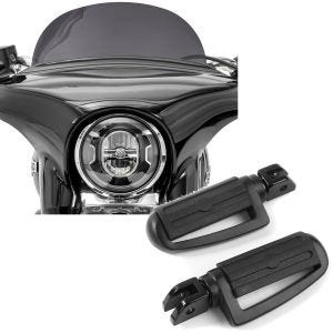 Set: Pare-brise compatible avec Harley Davidson Sport Glide 18-24 Craftride M saute vent fumé foncé + Repose-pieds chauffeur compatible avec Harley Davidson Softail 18-24 Craftride ST4 noir