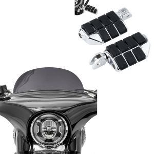 Set: Pare-brise compatible avec Harley Davidson Sport Glide 18-24 Craftride M saute vent fumé foncé + Repose-pieds chauffeur compatible avec Harley Davidson Softail 18-24 Craftride ST12 chrome
