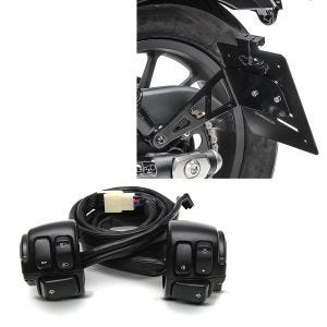 Set: Seitlicher Kennzeichenhalter für Chopper Cruiser Retro Universal Kennzeichenträger Craftride LH5 + Lenkerschalter passend für Harley Davidson Dyna Sportster Softail V-Rod 96-13 Lenkerarmatur schwarz