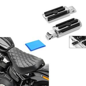 Set: Sozius Fussrasten passend für Harley Davidson Softail 18-24 Craftride SF5 chrom + Solo Sitz Gel passend für Harley Davidson Softail Street Bob / Standard 20-24 Sitzbank DS4