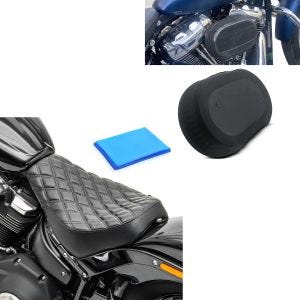 Set: Solo Sitz Gel passend für Harley Davidson Softail Street Bob / Standard 18-24 Sitzbank DS4 + Luftfilter Regenschutz passend für Harley Davidson Softail Modelle 18-24 Regenschutzhülle Craftride