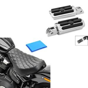 Set: Fahrer Fussrasten passend für Harley Davidson Softail 18-24 Craftride ST8 chrom + Solo Sitz Gel passend für Harley Davidson Softail Street Bob / Standard 18-24 Sitzbank DS4