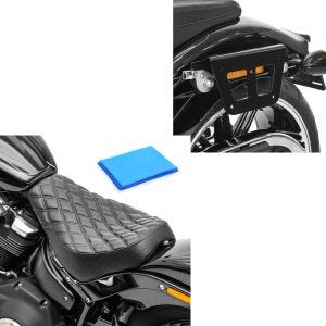 Set: Satteltaschenhalter passend für Harley Davidson Softail Street Bob 18-24 Kofferträger abnehmbar Craftride QL links + Solo Sitz Gel passend für Harley Davidson Softail Street Bob / Standard 18-24 Sitzbank DS4