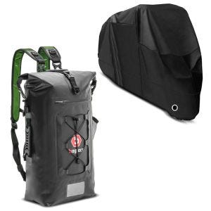 Set: Motorrad Rucksack Hecktasche mit Rollverschluss Wasserdicht Drybag WPX Bagtecs mit Abdeckplane XL Abdeckhaube sw