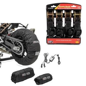 Set: Motorrad Reifenwärmer Set Snaefell 30-99°C Digital passend für Vorderrad und Hinterrad sw ConStands mit Spanngurt Set sw